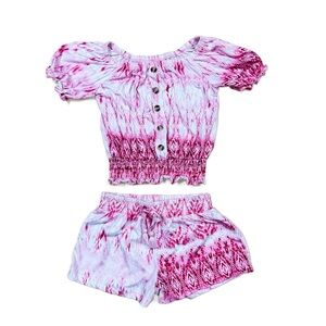 1st Kiss Pink Tie Dye 2-Piece Matching Ruffle Top & Shorts Set Girls Size S 7/8